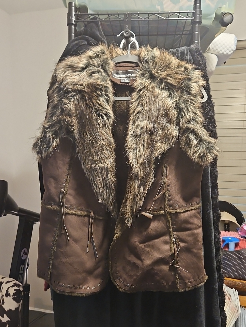 Brown Faux-Suede Teddy Vest with Faux-Fur Trim